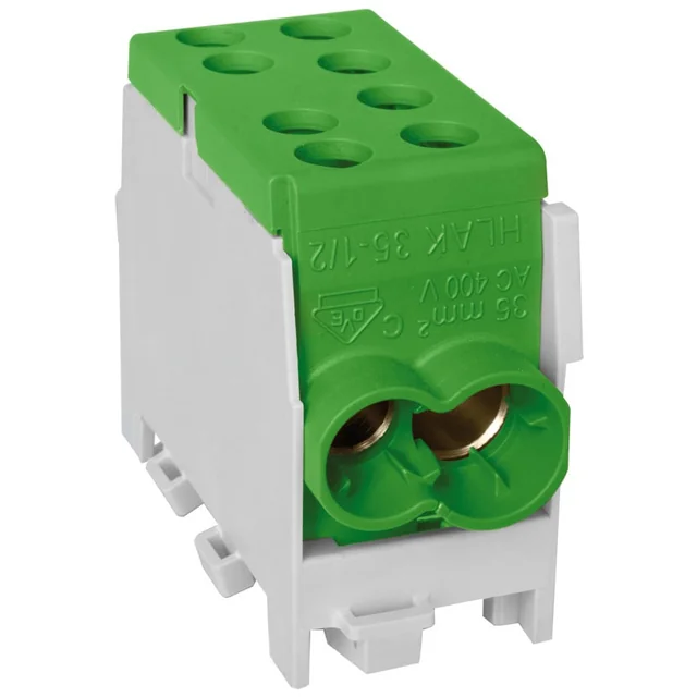 Distribution clamp - green branch Cu - Al on DIN rail 1 pole 2 inputs (35+25mm2) and 2 outputs (35+25mm2)