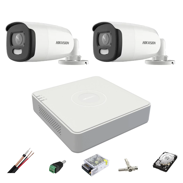 Dohledový systém 2 Kamery ColorVU Hikvision 5MP, bílé světlo 40m, 2.8mm, DVR 4 kanály, montážní příslušenství, pevný disk 1TB