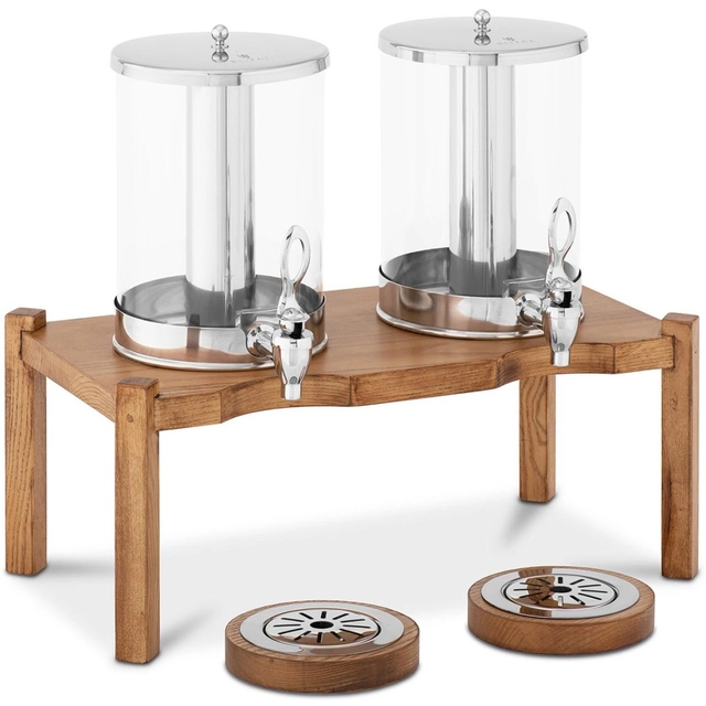 Double juice dispenser with a cooling system on a wooden base 2x 7 l