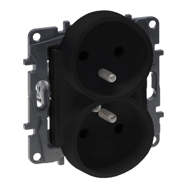 Double power socket with earthing for multiple frames, screw terminals, without contact shutter - black, NILOE STEP