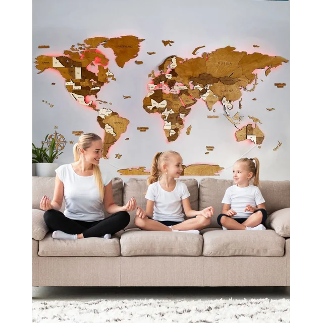 Dřevěná mapa světa podsvícená LED 3D Sikorka® 250x125cm Latte