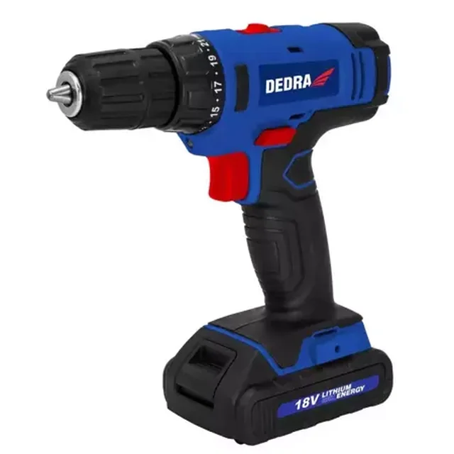 Drill driver, DEDRA screwdriver DED7880 18V, 1,5Ah Li-ion, holder 0,8-10mm, 2 gears, 30Nm, 21+1 torque settings, LED