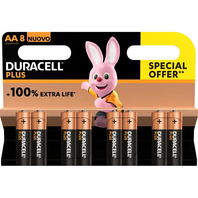 Duracell Duracell Plus 100, Batéria na jedno použitie, AA, alkalická, 1.5 V, 8 ks, viacfarebná