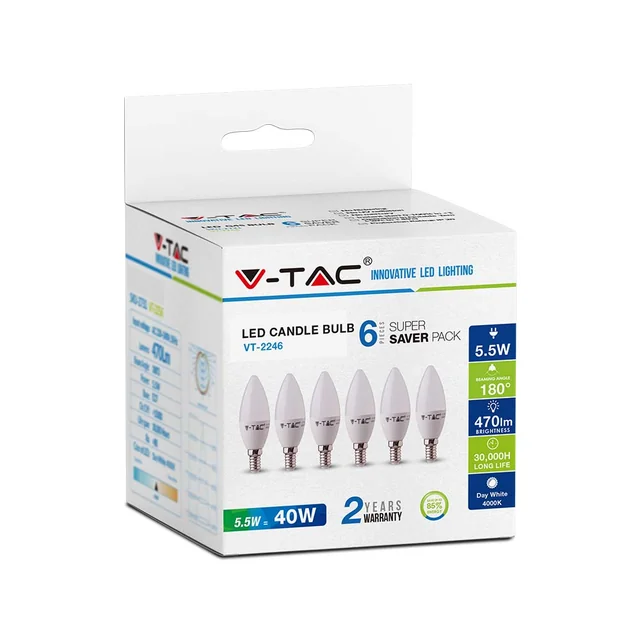 E14 Bele LED žarnice - RTL - Sveča - 6PC - Paket - IP20 - 5.5W - 470 Lumni - 2700K