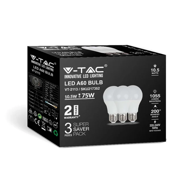 E27 Baltos LED lemputės – RTL – GLS – 3PC Pakuotė – IP20 – 10.5W – 1055 Liumenų – 3000K