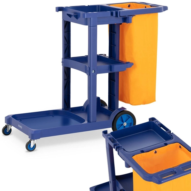 Service cart with shelves, mop holder and laundry bag