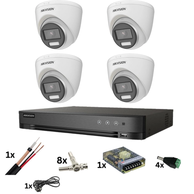 Hikvision surveillance system with 4 Poc cameras, ColorVu 8MP, Color light 40M, Lens 2.8mm, DVR of 4 channels 8 Megapixels, accessories