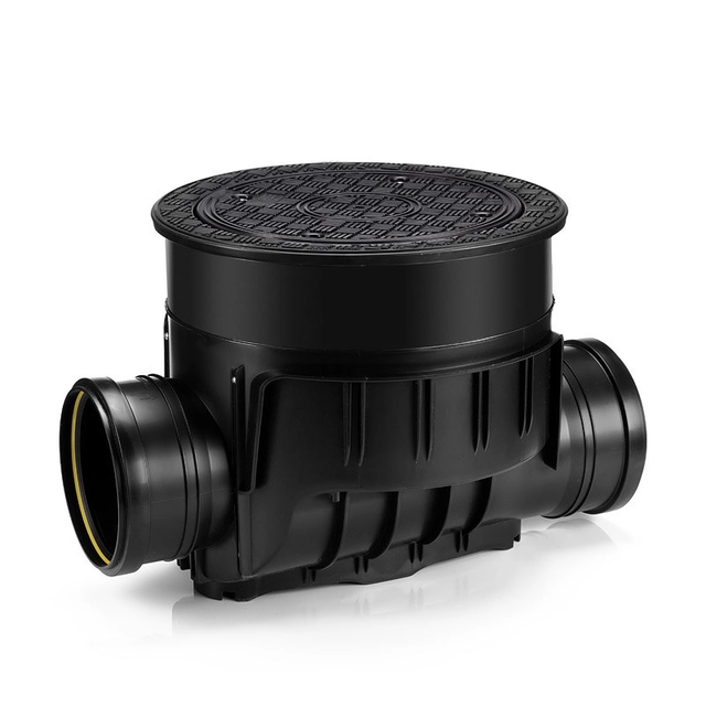 Base with a backwater valve for pipes DN160 for installation in the floor, with a tight lid, black