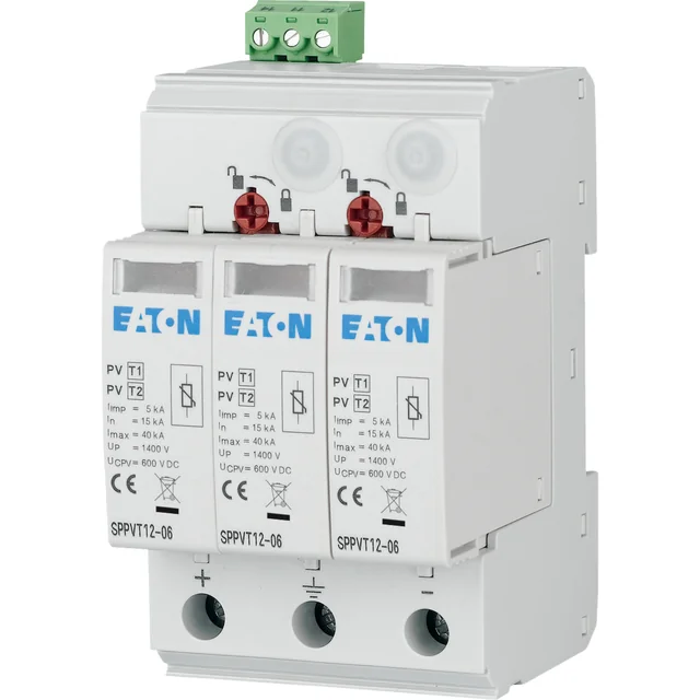 Eaton Descargador de sobretensiones B+C Tipo 1+2 2P+N 15kA 3,7kV 1000V DC con señalización SPPVT12-10-2+PE-AX 177255