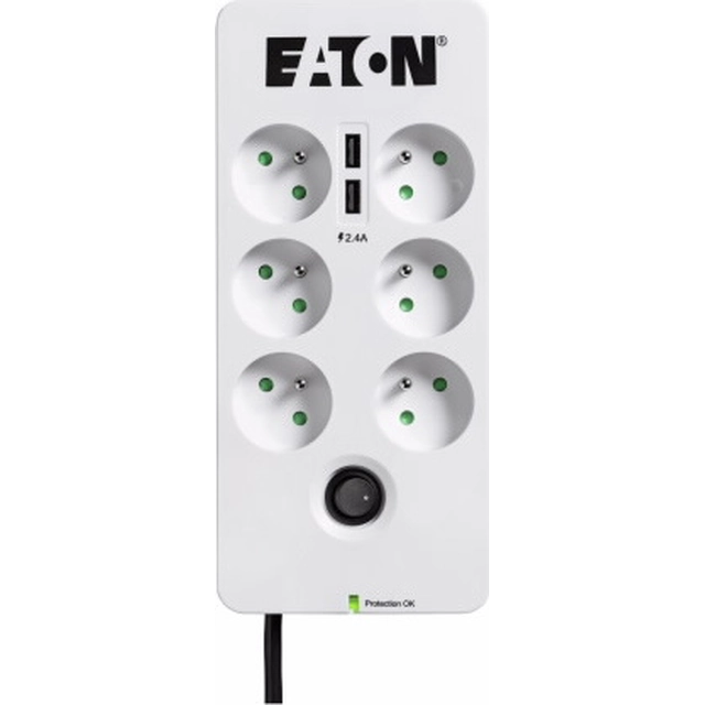 Eaton Protection Box 6 Tel @ USB FR, aizsardzība pret pārspriegumu, 6 ligzdas, 2x USB lādētājs, 1 m