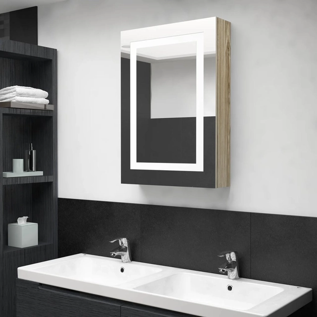 Bathroom cabinet with mirror and LED, oak color, 50x13x70 cm