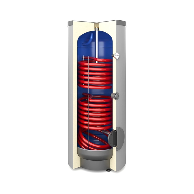 Échangeur de chaleur bivalent 200l SGW(S)B TOWER BIWAL avec deux serpentins en spirale, émaillé, mousse de polyuréthane dure, skaï, vertical autoportant