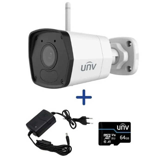 Eén UNV-camerabewakingssysteem 2MP Smart IR 30m microfoon, bron 12V, geheugenkaart 64GB