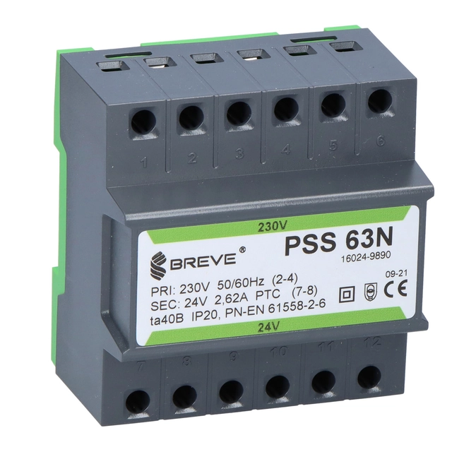 Eenfasige PSS-transformator 63N 230/24V IP30 naar de DIN-rail TH-35 in een modulaire behuizing