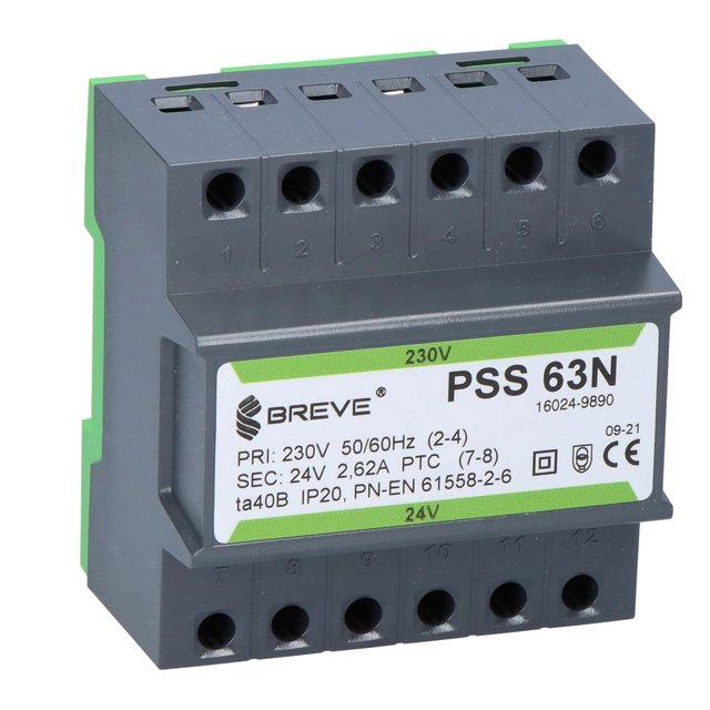 Egyfázisú PSS transzformátor 63N 230/24V IP30 a DIN sínhez TH-35 moduláris házban