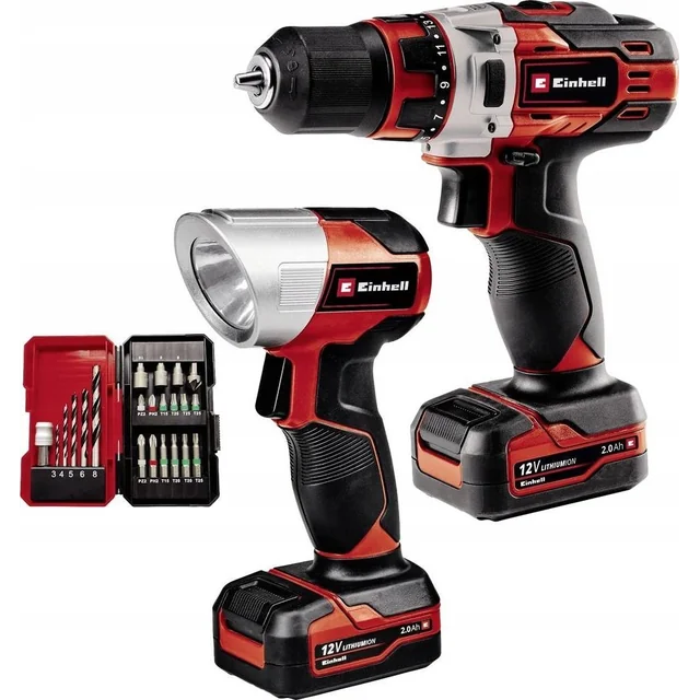 Einhell Einhell akkus fúró-csavarozó TE-CD fúró/csavarozó 12/1 +22+CL, 12V (piros/fekete, 2x Li-Ion akkumulátor 2Ah, 22-piece fúró- és fúrókészlet + elemlámpa )