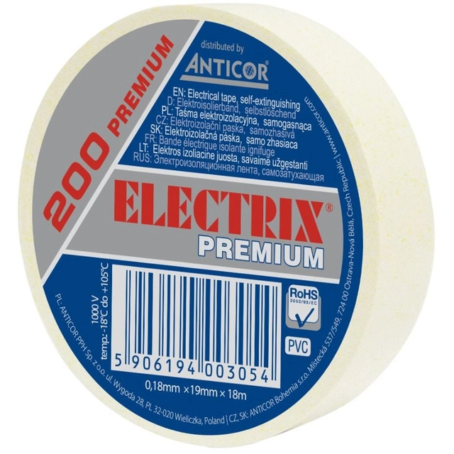 ELECTRIX tape 200 premium, hvid 19 mmx 18 m