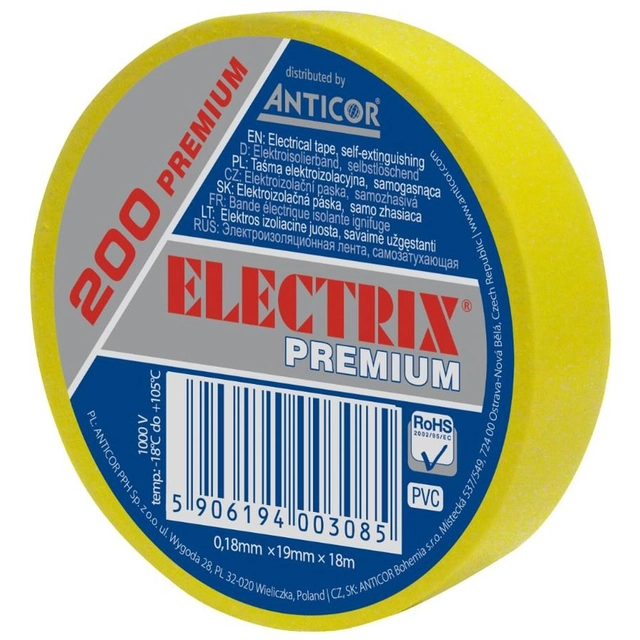 ELECTRIX tejp 200 premium, gul 19 mmx 18 m