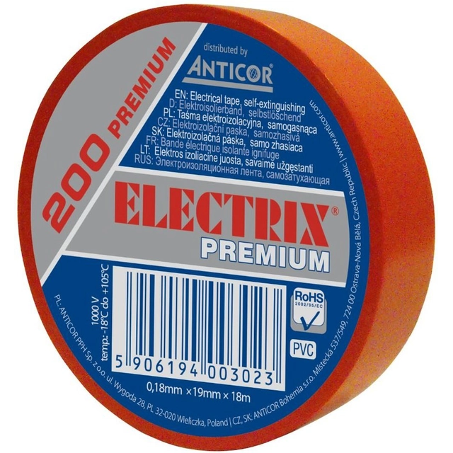 ELECTRIX tejp 200 premium röd 19 mmx 18 m