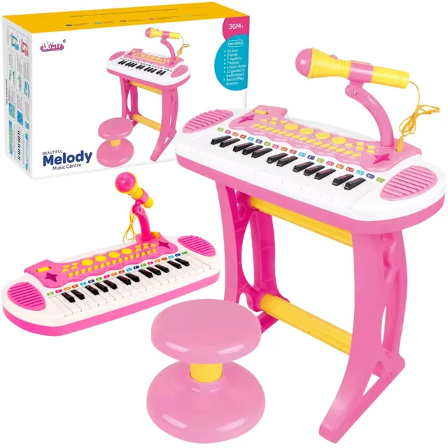 Electronic Organ Piano Keyboard Microphone Stool Sounds and Lights