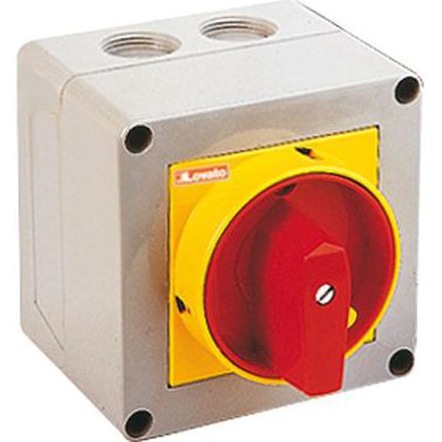 Elektrický vačkový spínač Lovato 0-1 3P 16A pre zabudovanú inštaláciu so žltým/červeným gombíkom, uzamykateľný (GX1610P25)