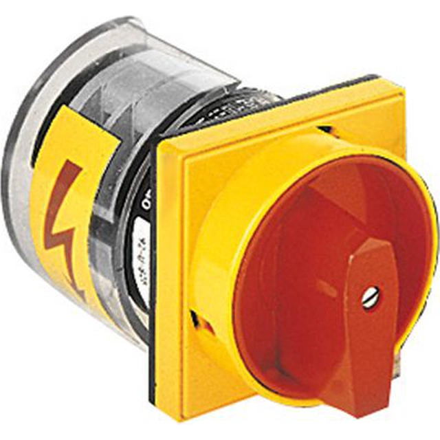 Elektrický vačkový spínač Lovato 0-1 4P 25A pro vestavěnou instalaci se žlutým/červeným knoflíkem, uzamykatelný (7GN2592U25)