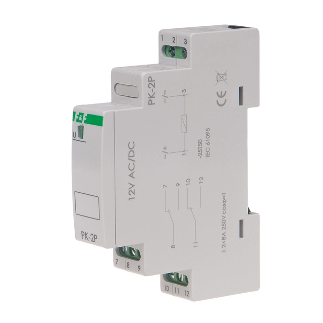 elektromagnetické reléPK-2P 12V AC/DC kontakt:2P I=2x8A, 1 modul