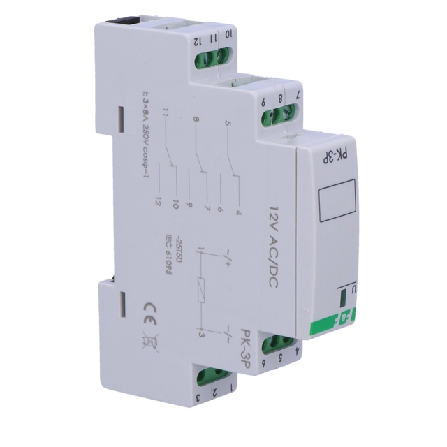 elektromagnetisch relais PK-3P 12V AC/DC-contact:3P I=3x8A, 1 moduul