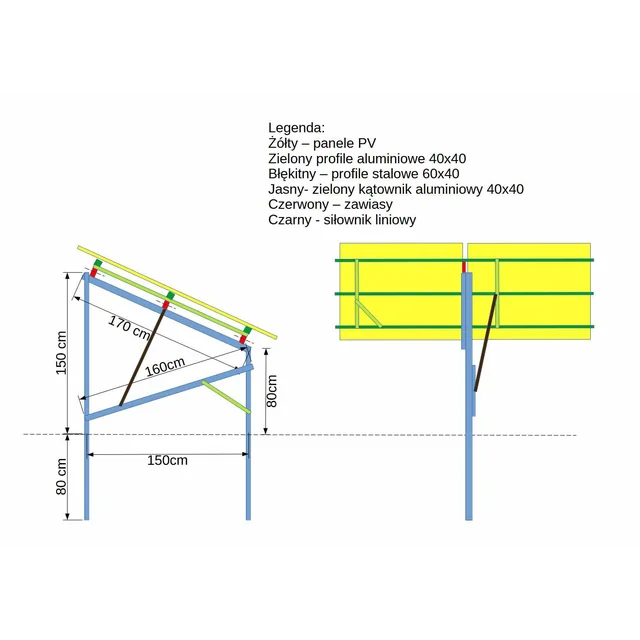 Elementos de montagem para fazer um seguidor solar para painéis 2 com dimensões até 114cm x 230cm x 3cm