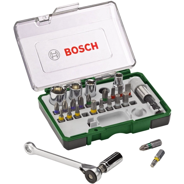 En uppsättning Bosch twist bits, huvuden och brickor,27 st