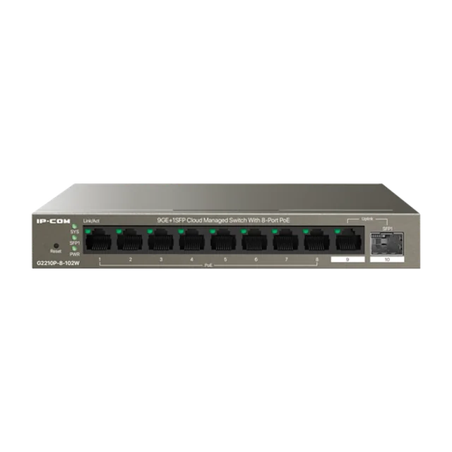 Εναλλαγή 8 θυρών PoE, 1 θύρας RJ45, 1 θύρας SFP, Gigabit, Cloud Management - IP-COM G2210P-8-102W