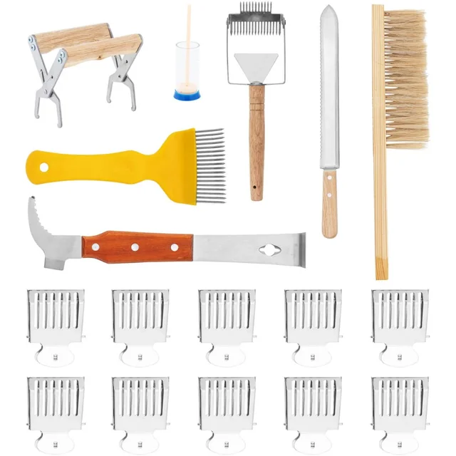 Ensemble d'outils apicoles, ciseau, balai, pince, dispositif de débouchage - 17 pcs.