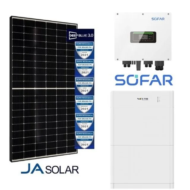 Ensemble hybride 6,07 kW : SOFAR HYD6KTL-3PH + 15*JA SOLAR 405W MR Châssis noir + Stockage d'énergie Sofar 10kWh BTS E5-DS5