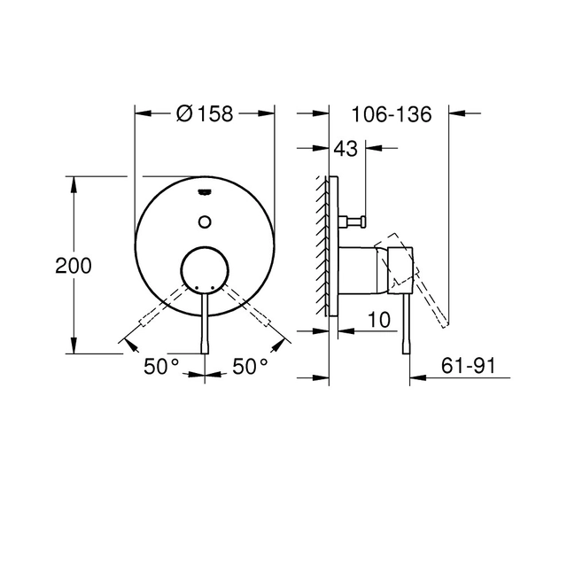 Essence eengreepsmengkraan voor twee wateruitgangen, chroom, inbouw wandmontage, keramisch binnenwerk 46 mm, metalen rozet, metaal