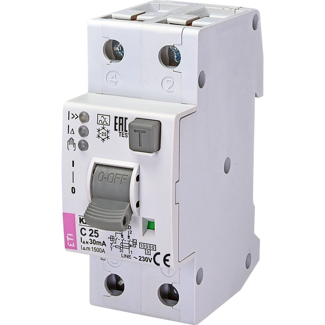 Eti-Polam Автоматичен прекъсвач за остатъчен ток 1+N 25A C 30mA тип A KZS-2M2p EDI A (002172418)