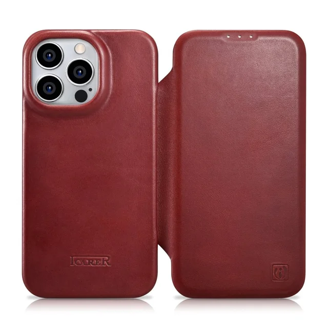 Étui en cuir pour iPhone 14 Pro Max avec rabat magnétique MagSafe CE Oil Wax Premium Cuir Bordeaux