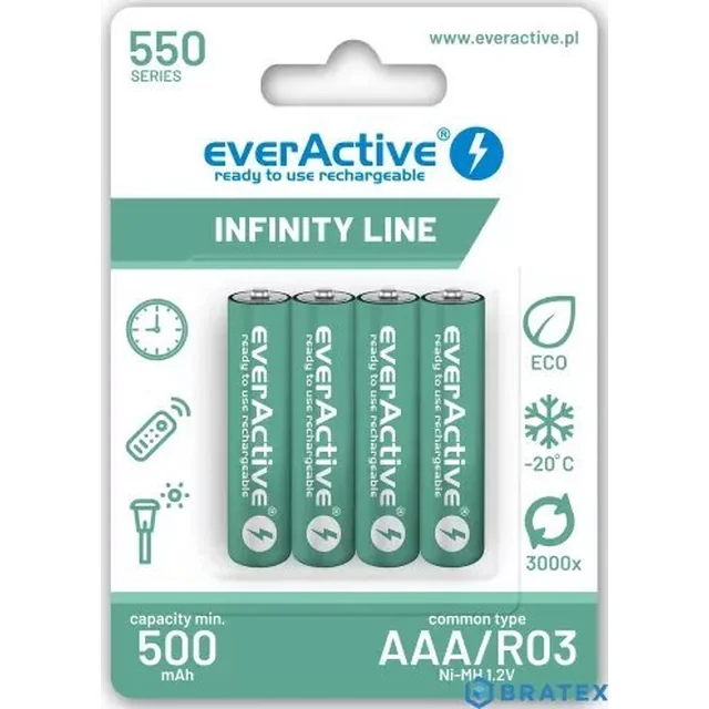 EverActive Akumulatorske baterije R03/AAA 550 mAH pretisni omot 4 kos.Tehnologija Infinity Line pripravljena za uporabo