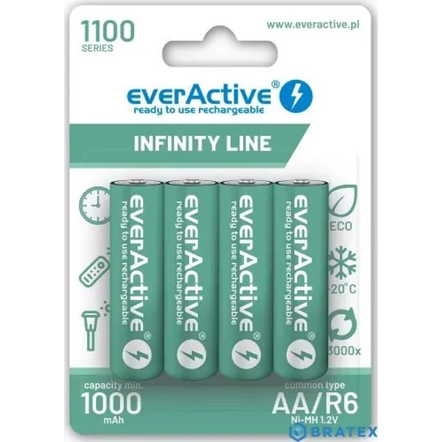 EverActive Batterie ricaricabili R6/AA 1100 mAH, blister 4 PZ.LINEA INFINITY, tecnologia pronta all'uso