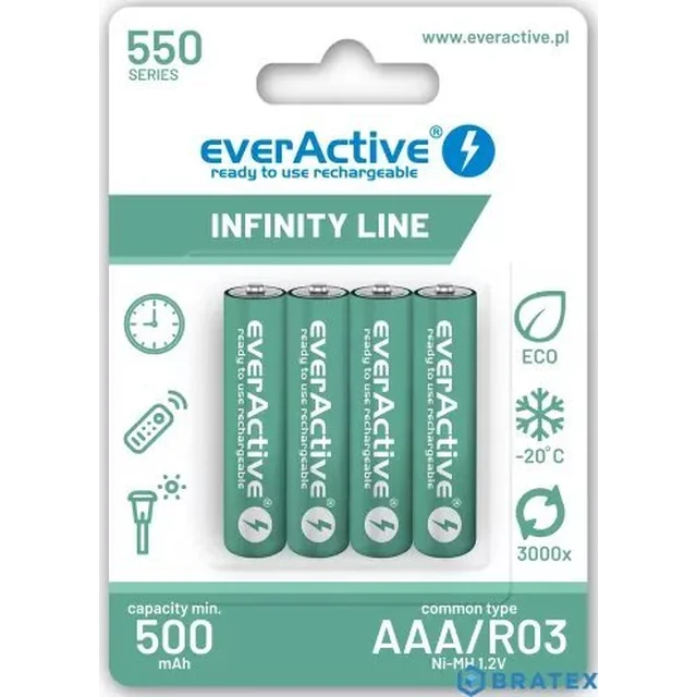 EverActive Nabíjateľné batérie R03/AAA 550 mAH blister 4 ks.Technológia Infinity Line pripravená na použitie