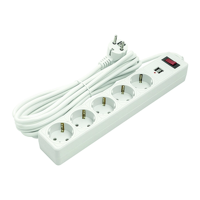 Extension cord 5m, 5 sockets, 2xUSB, with switch