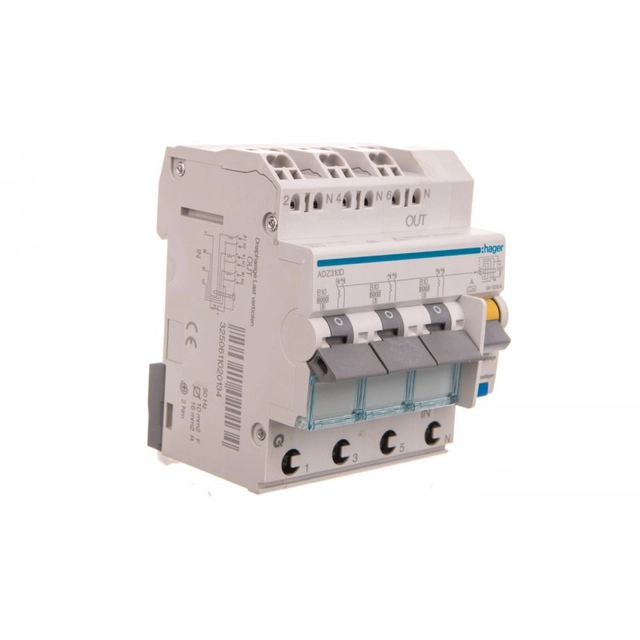 Residual current circuit breaker 3x1P+N b 10A 0,03A Type A 6kA RCBO ADZ310D