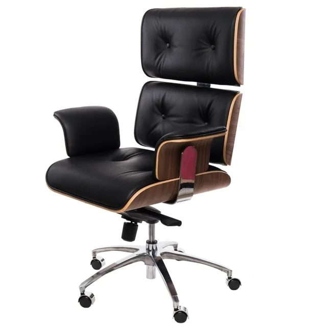 Fauteuil de bureau VIP cuir noir, placage noyer, chrome