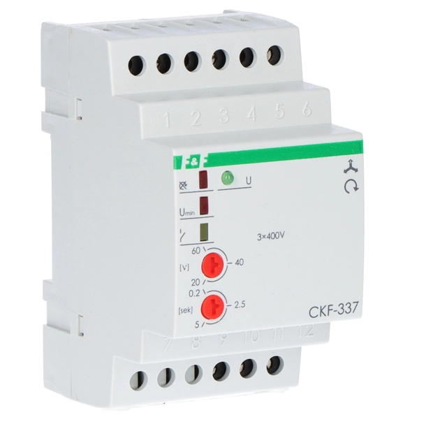 Fāzu secības un fāzes zuduma sensors CKF-337 kontakti:1P, I=10A, sprieguma nelīdzsvarotība 20-50V, bez nulles vada,3 moduļi