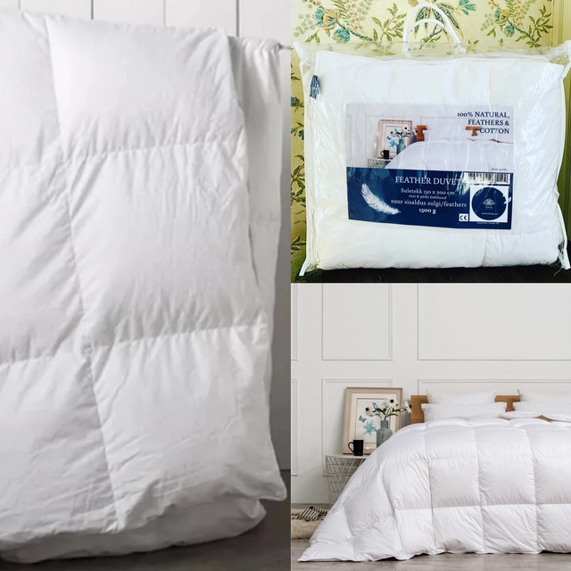 Feather duvet 150x200cm with cross & transverse seams 1500g, with cotton fabric, 100% natural