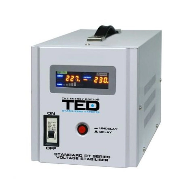 Feszültségstabilizátor 3000W 230V 2 Schuko-val és tiszta szinuszos kimenetekkel + LCD képernyő feszültségértékekkel, TED Electric TED000187
