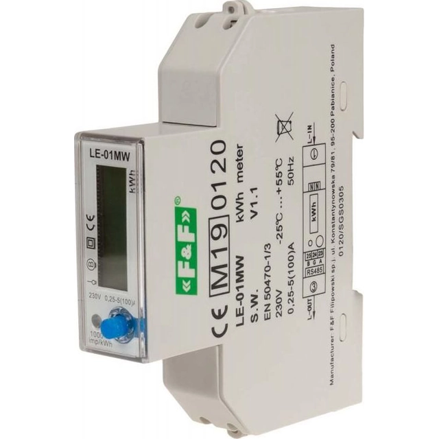 F&F Compteur d'électricité 1-fazowy 5/100A 230V avec afficheur LE-01MW