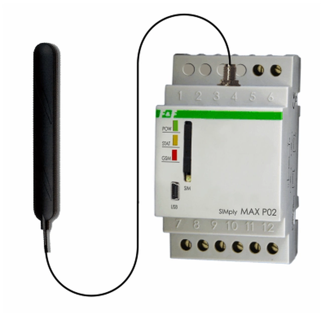 F&F GSM CLIP relé dálkového ovládání 2xWY, 2xWE, napájení ovládání brány 230V AC kontakty 1NO montáž na DIN lištu SIMPLYMAX-P02
