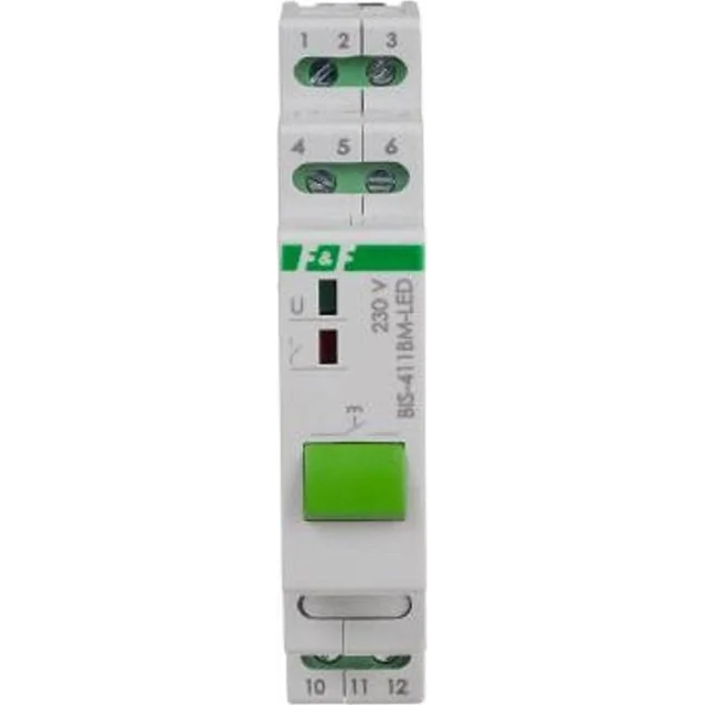 F&F Releu bistabil cu buton pentru control manual, montat pe o șină DIN 230V cu releu de pornire 160A/20ms BIS-411BM-LED