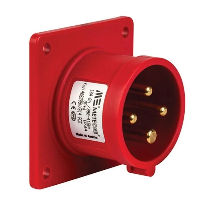 Fiche à encastrer 4 pôles 16A 3P+PE droit 380V coloris rouge IP44 6h CEE 70x70mm