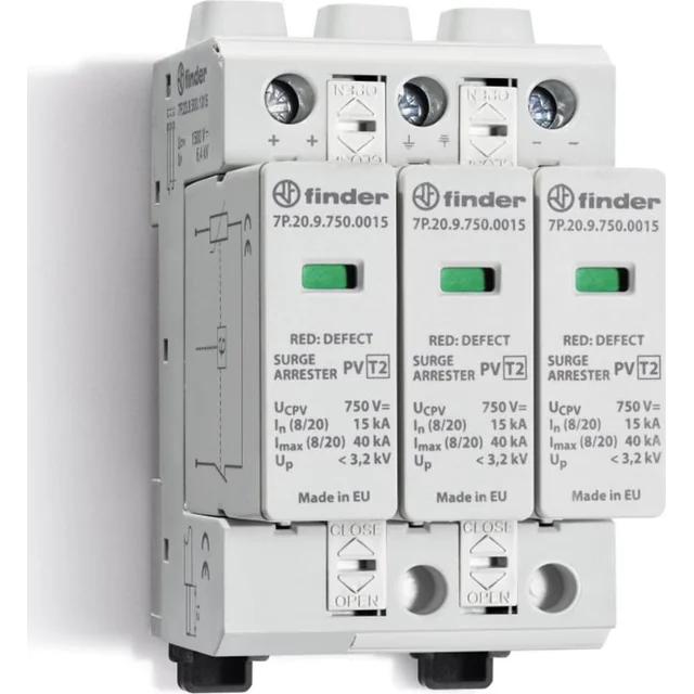 Finder Обмежувач перенапруг PV 1500V DC Тип 2 C 3P 15kA 3,2kV 7P.23.9.500.0015